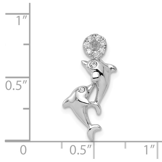 Sterling Silver Rhodium-plated Crystal Dolphins Chain Slide