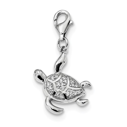 Sterling Silver Rhodium-plated CZ Sea Turtle Charm with Lobster Clasp