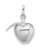 Sterling Silver Rhodium Plated Polished Puffed Apple Charm with Leaf view 3