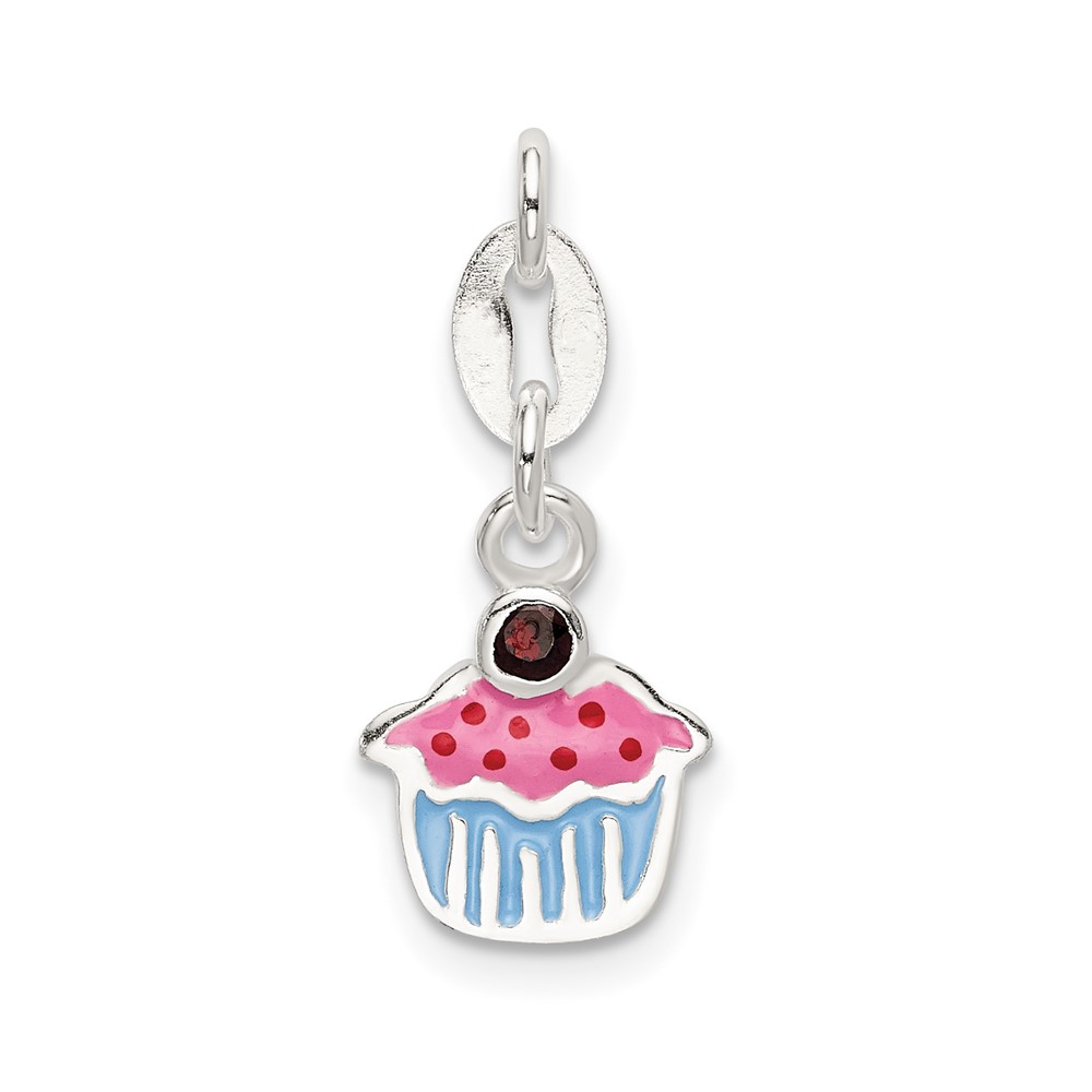 Sterling Silver Polished and Enameled Cupcake W Garnet Charm
