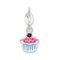 Sterling Silver Polished and Enameled Cupcake W Garnet Charm view 1