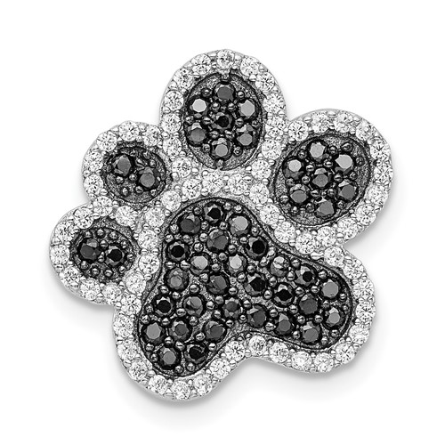 Sterling Silver Rhodium-plated Black White CZ Paw Print Pendant