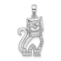 Sterling Silver Rhodium-plated CZ Cat Pendant view 1