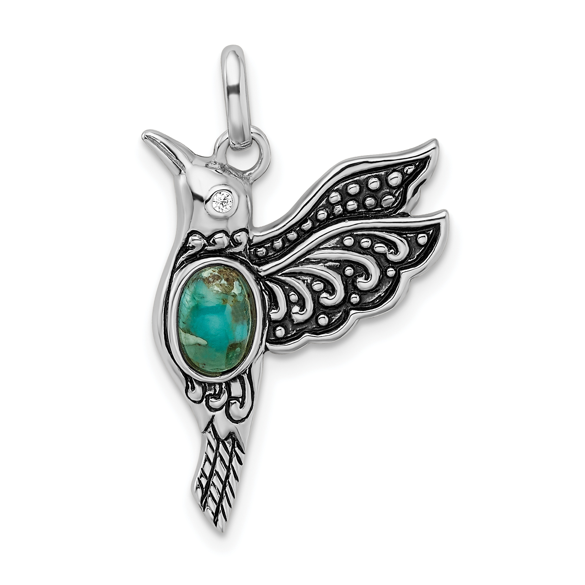 Sterling Silver Rhodium/Oxidized Recon. Turq/CZ Hummingbird Pendant (QC9314)