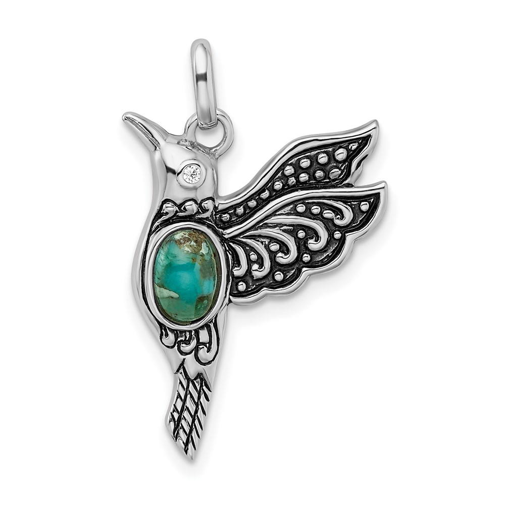 Sterling Silver Rhodium/Oxidized Recon. Turq/CZ Hummingbird Pendant (QC9314)