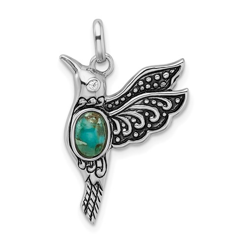 Sterling Silver Rhodium Oxidized Recon. Turq CZ Hummingbird Pendant
