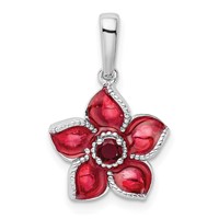 Sterling Silver Rhod-plated Created Ruby and Enamel Flower Pendant view 1