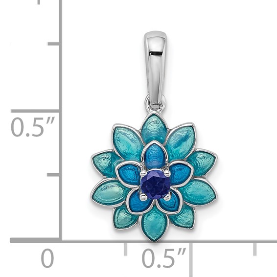 Sterling Silver Rhod-pltd Created Sapphire and Enamel Flower Pendant