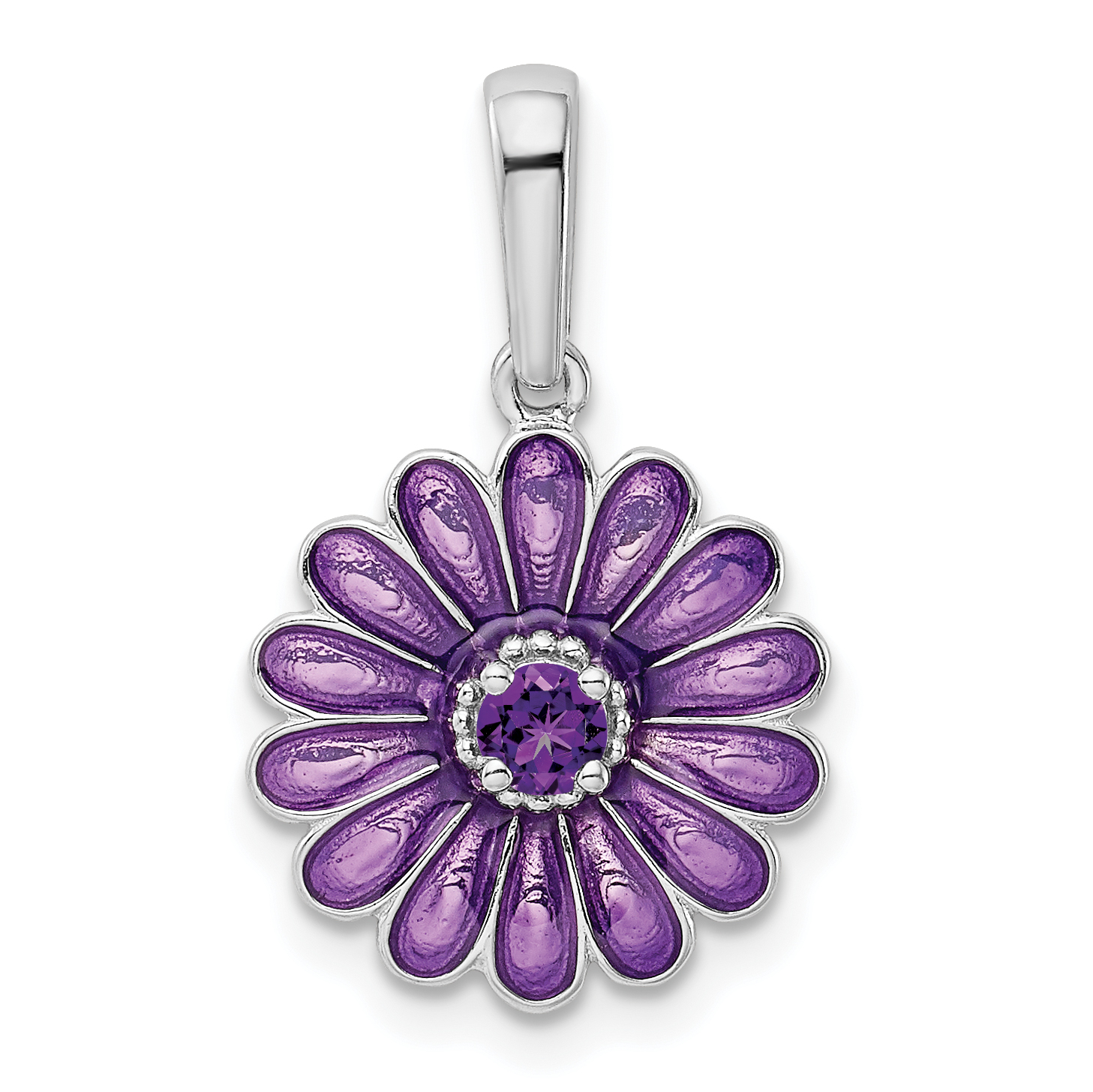 Sterling Silver Rhodium-plated Amethyst and Enamel Pendant (QC9319)