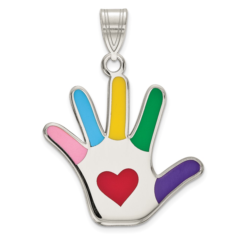 Sterling Silver Rhod-plate Enamel Autism Pendant with Heart Handprint