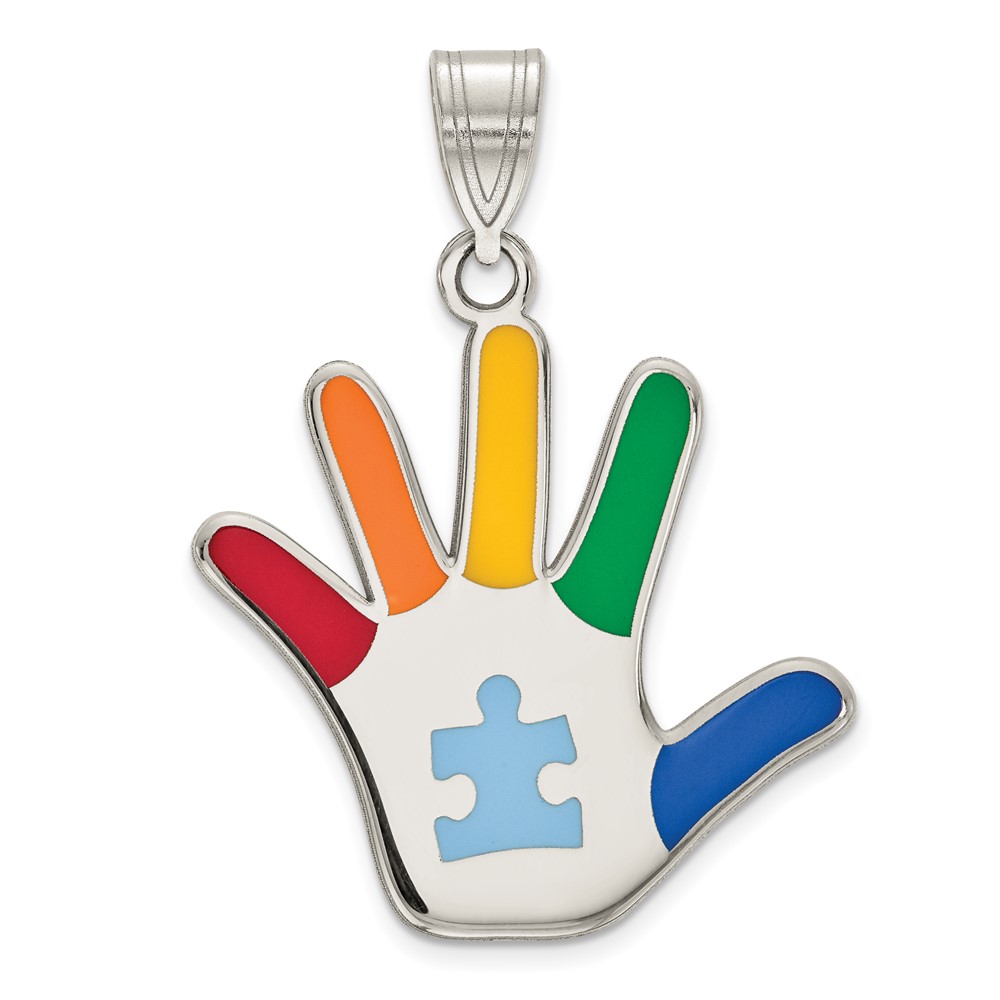 Sterling Silver Rhod-plate Enamel Autism Pendant with Puzzle Piece Handprint