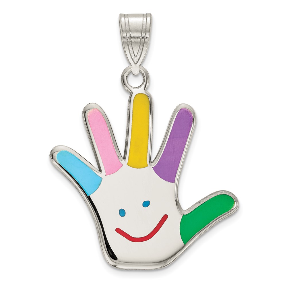 Sterling Silver Rhod-plate Enamel Autism Pendant with Happy Face Handprint