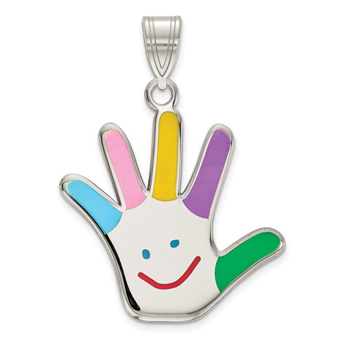Sterling Silver Rhod-plate Enamel Autism Pendant with Happy Face Handprint