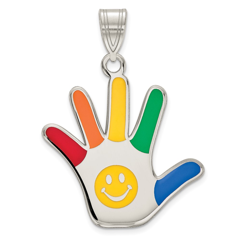 Sterling Silver Rhod-plate Enamel Autism Pendant with Smiley Face Handprint