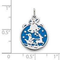 Sterling Silver Rhodium-plated Blue Enameled Santa Pendant with Reindeer and Bells Circle view 3