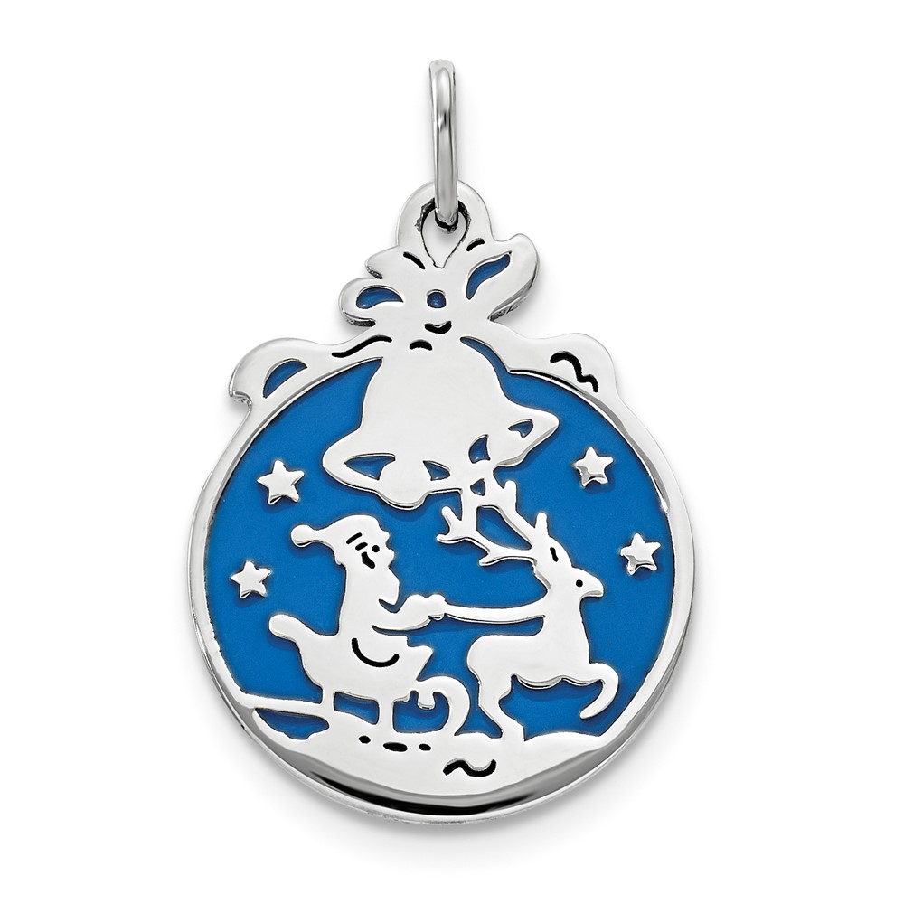 Sterling Silver Rhodium-plated Blue Enameled Santa Pendant with Reindeer and Bells Circle