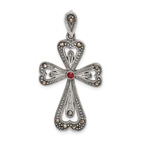 Sterling Silver Antiqued Marcasite and Garnet Cross Pendant view 1