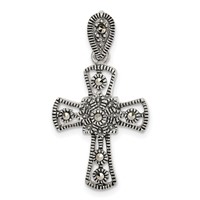 Sterling Silver Antiqued Marcasite Flower Cross Pendant view 1