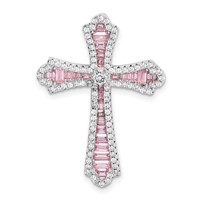 Sterling Silver Rhodium Plated Pink and White CZ Cross Pendant Slide view 1