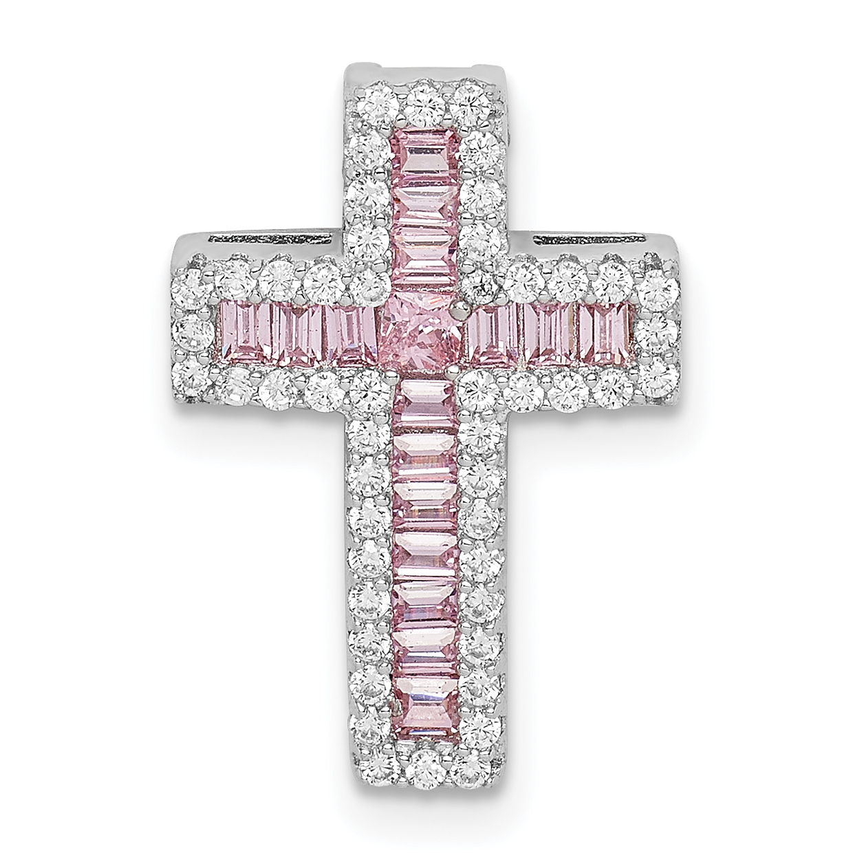Sterling Silver Rhodium-plated Pink & White CZ Cross Chain Slide (QC9385)