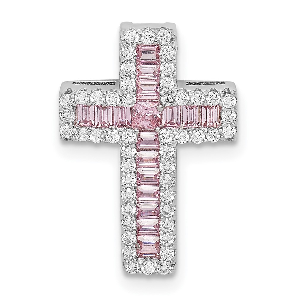 Sterling Silver Rhodium-plated Pink & White CZ Cross Chain Slide (QC9385)