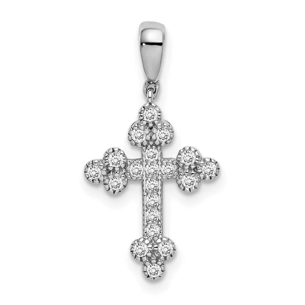 Sterling Silver Rhodium-plated Polished CZ Budded Cross Pendant (QC9396)