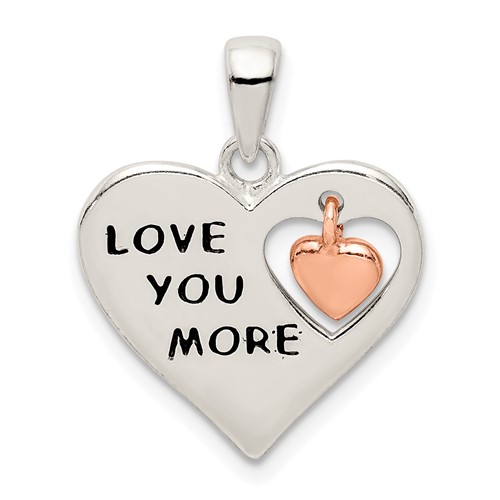 Sterling Silver Rose-tone Black Enameled Love You More Heart Pendant