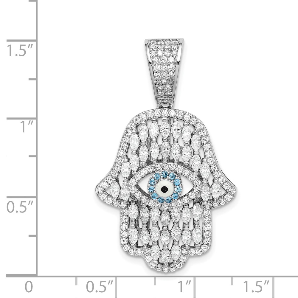 Sterling Silver Rhodium-plated White & Blue CZ Hamsa Eye Pendant (QC9448)