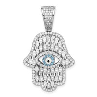 Sterling Silver Rhodium-plated White & Blue CZ Hamsa Eye Pendant view 1
