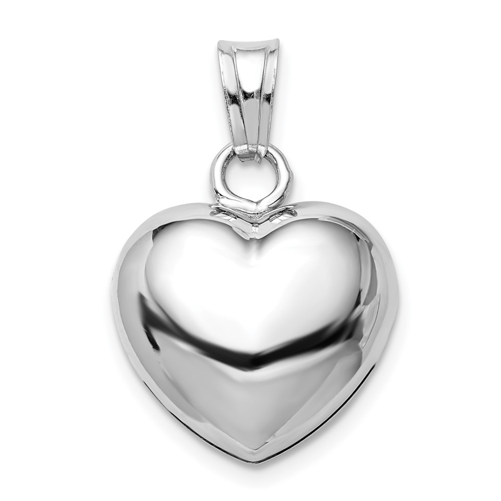 Sterling Silver Rhodium-plated Polished Bell Inside 17mm Puffed Heart Pendant