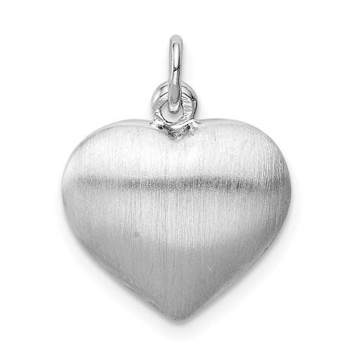 Sterling Silver Rhodium-plated Brushed Polished Reversible 15mm Puffed Heart Pendant