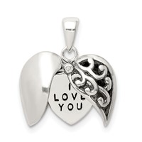 Sterling Silver Polished and Antiqued I Love You Message Within a Decorative Scroll Patterned Moveable Opening Shell Heart Pendant view 3
