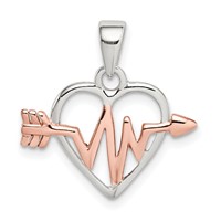 Sterling Silver Rhodium-plated Rose-tone Heart and Heartbeat Arrow Pendant view 1