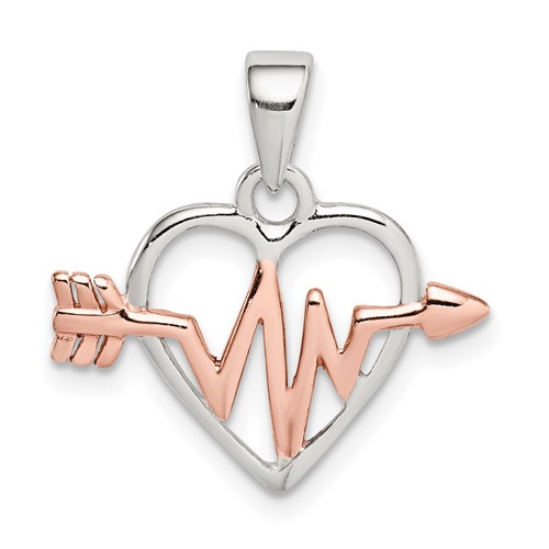 Sterling Silver Rhodium-plated Rose-tone Heart and Heartbeat Arrow Pendant