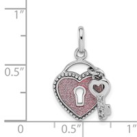 Sterling Silver Rhodium-plated CZ Key and Pink Glitter Enamel Heart Lock Pendant view 4