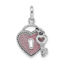 Sterling Silver Rhodium-plated CZ Key and Pink Glitter Enamel Heart Lock Pendant view 1