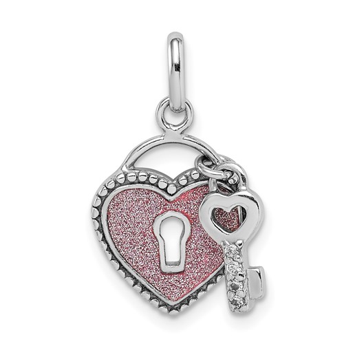 Sterling Silver Rhodium-plated CZ Key and Pink Glitter Enamel Heart Lock Pendant