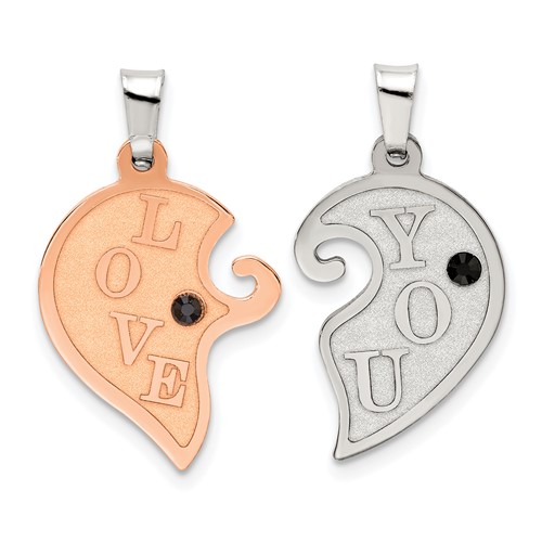Sterling Silver Ruthenium & Rosetone Love You Heart Pendant with CZ Breakapart