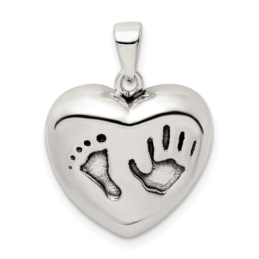 Sterling Silver Antiqued Baby Footprint and Handprint Heart Pendant
