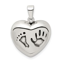 Sterling Silver Antiqued Baby Footprint and Handprint Heart Pendant view 1
