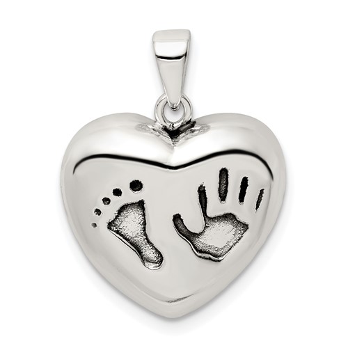 Sterling Silver Antiqued Baby Footprint and Handprint Heart Pendant