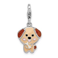 Sterling Silver Rhodium-plated Enameled Puppy Charm with Lobster Clasp view 1