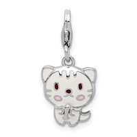 Sterling Silver Rhodium-plated Enameled Kitten Charm with Lobster Clasp view 1
