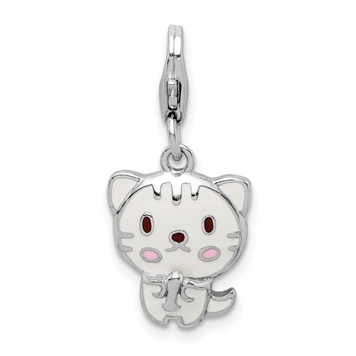 Sterling Silver Rhodium-plated Enameled Kitten Charm with Lobster Clasp