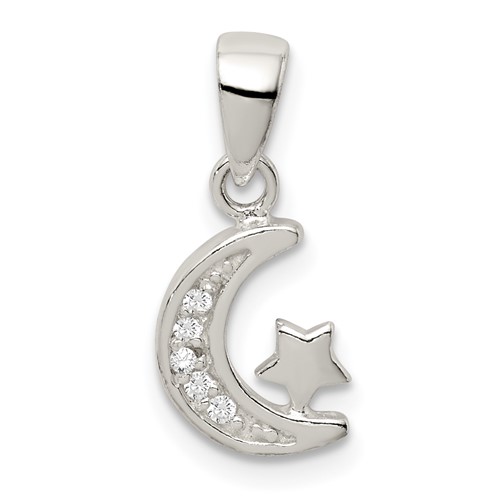 Sterling Silver CZ Crescent Moon and Star Pendant