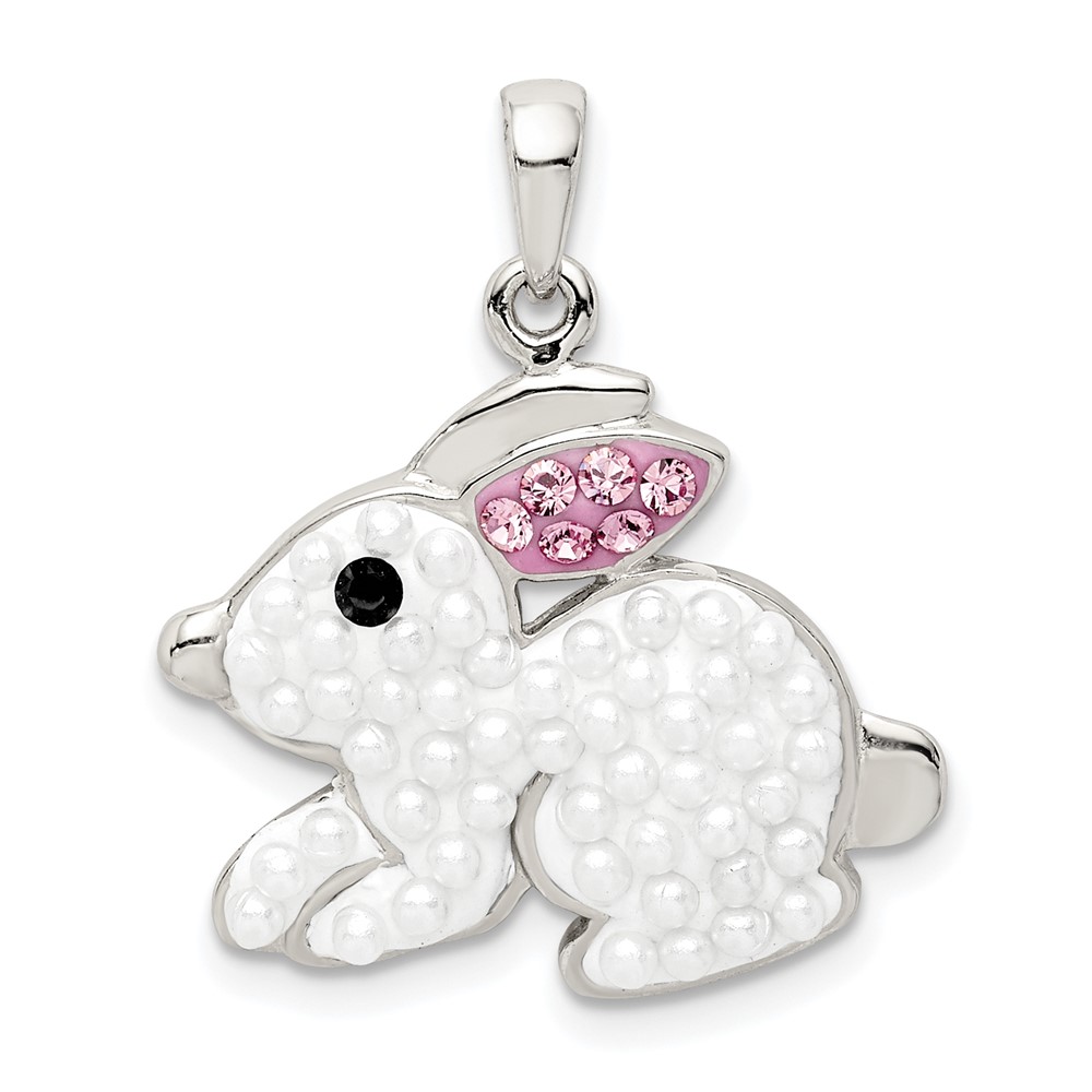 Sterling Silver Rhodium-plated Imitation Pearl and Preciosa Crystal Rabbit Pendant