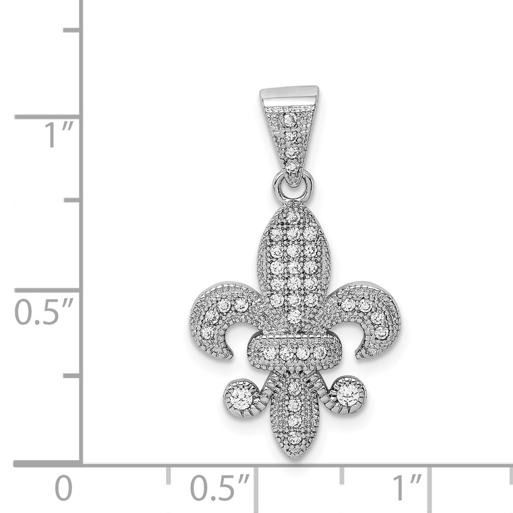 Sterling Silver Rhodium-plated Polished CZ Fleur De Lis Pendant (QC9556)