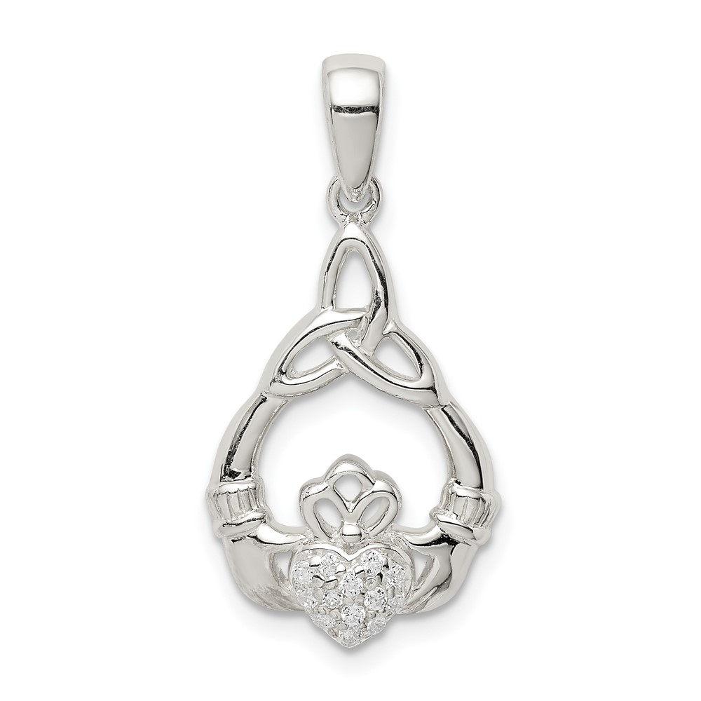 Sterling Silver Polished CZ Claddagh Pendant with Trinity Knot