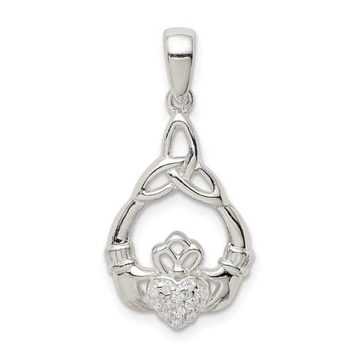Sterling Silver Polished CZ Claddagh Pendant with Trinity Knot