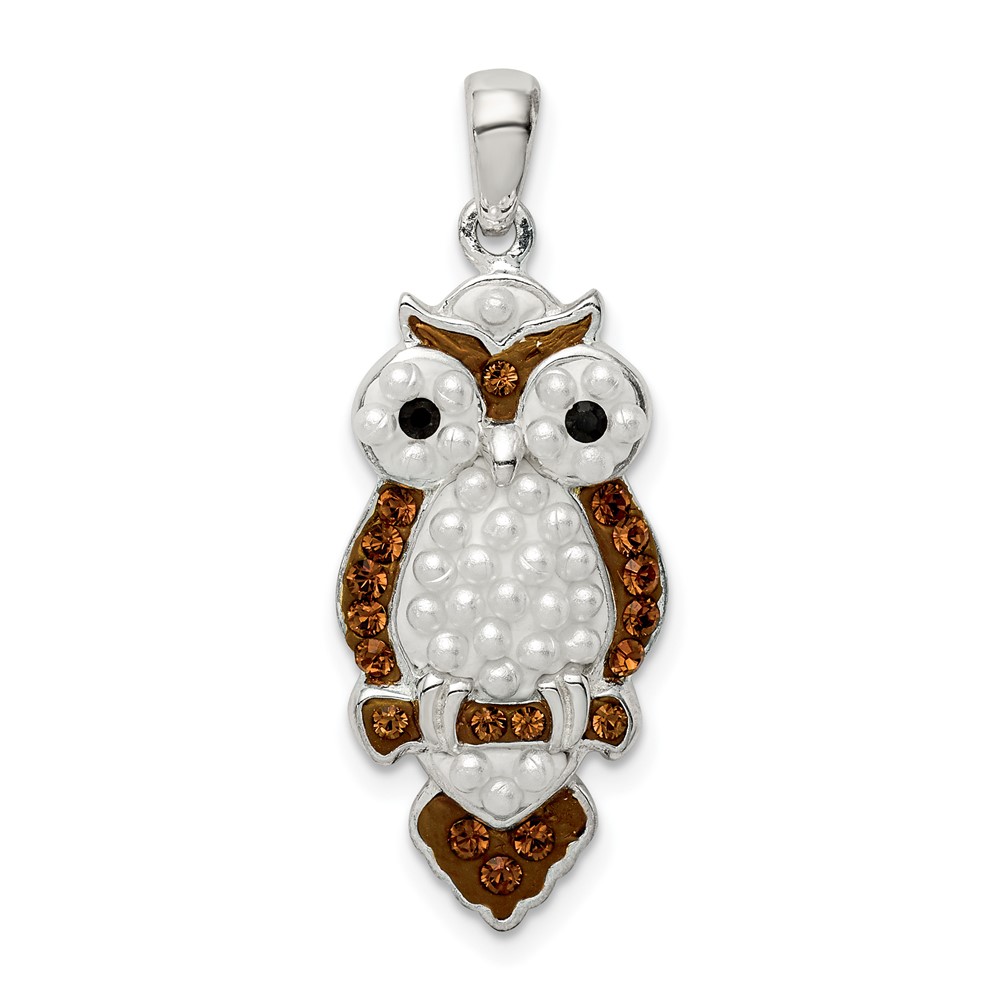 Sterling Silver Rhodium-plated Imitation Pearl and Preciosa Crystal Owl Pendant